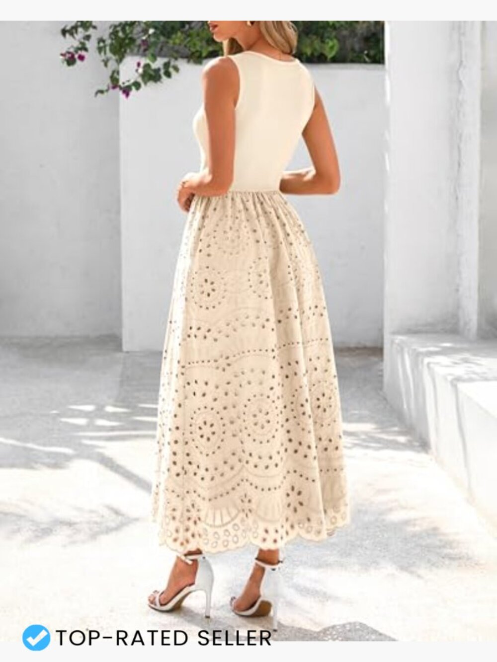 Sleeveless Lace Eyelet Cotton Maxi Dress A-Line Boho Casual with Pockets - Picture 5 of 7